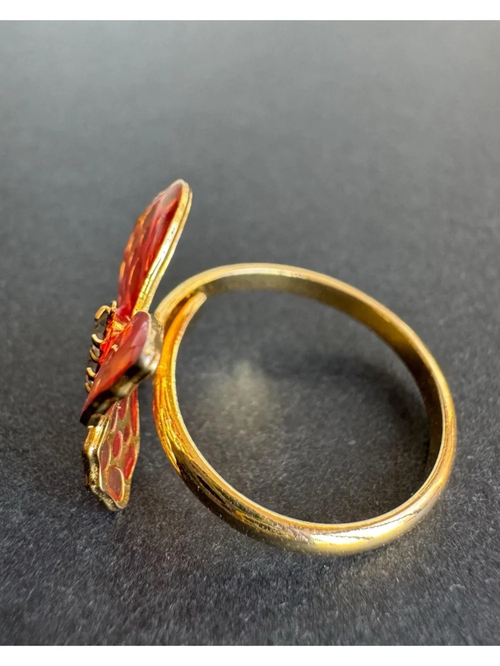 Vintage Glass Butterfly Adjustable Ring Gold Tone Rhinestone Costume Jewelry